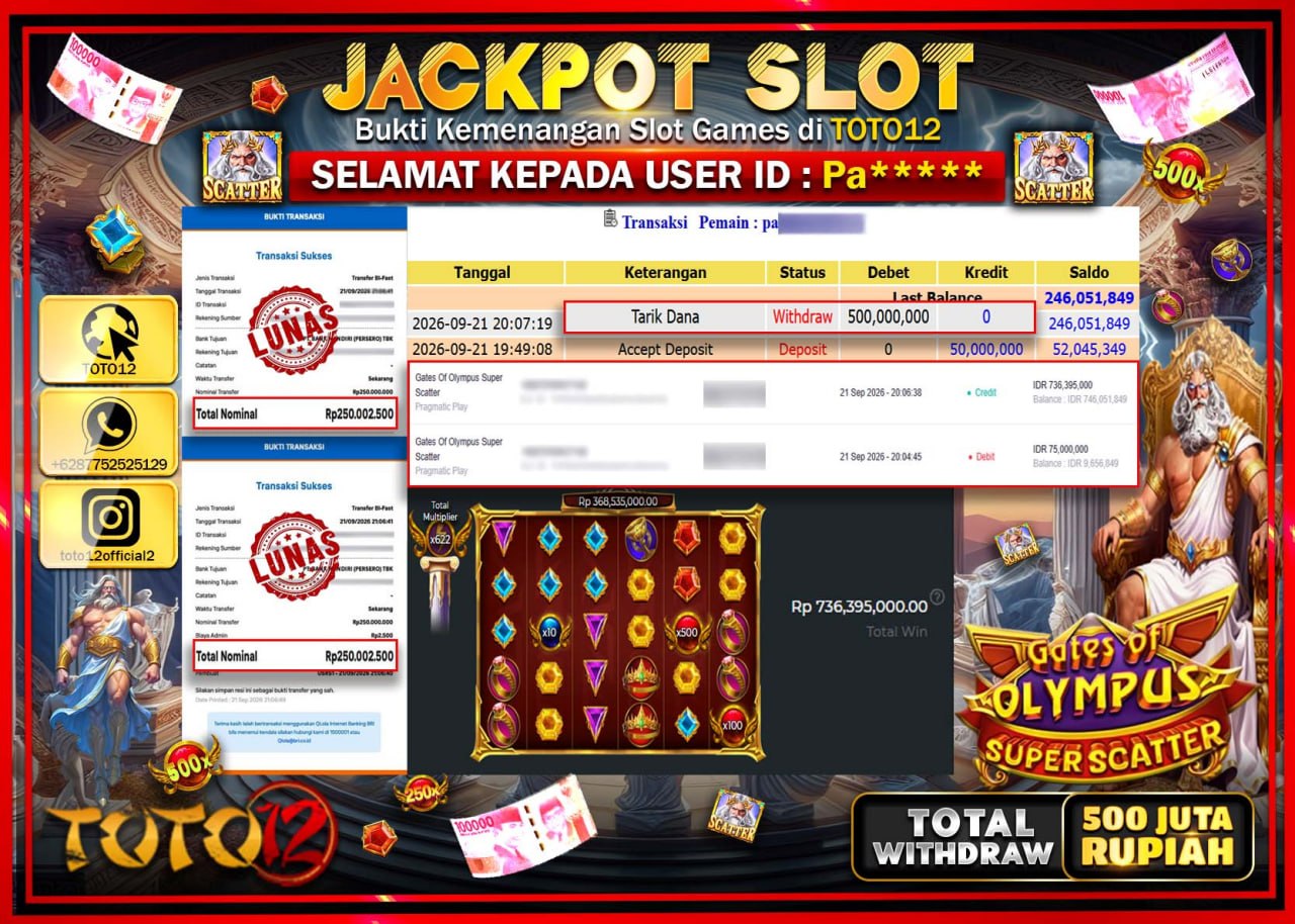 HANYA DI TOTO12 JP PASTI DI BAYAR LUNAS DAN CEPAT!!!!!! JACKPOT SLOT GAME (GATES OF OLYMPUS SUPER SCATTER) Rp500.000.000!!!!