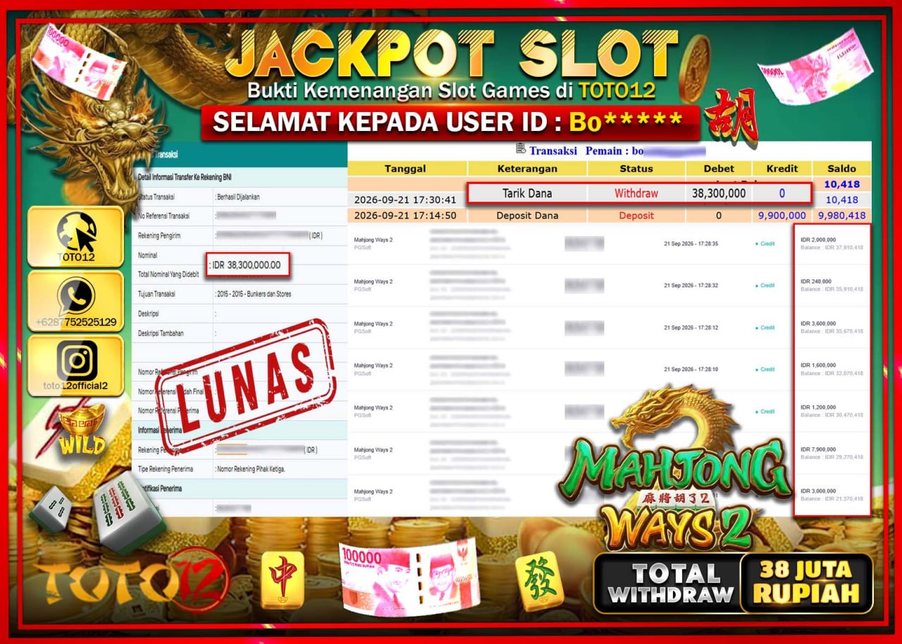 HANYA DI TOTO12 JP PASTI DI BAYAR LUNAS DAN CEPAT!!!!!! JACKPOT SLOT GAME (MAHJONG WAYS 2) Rp38.300.000!!!!