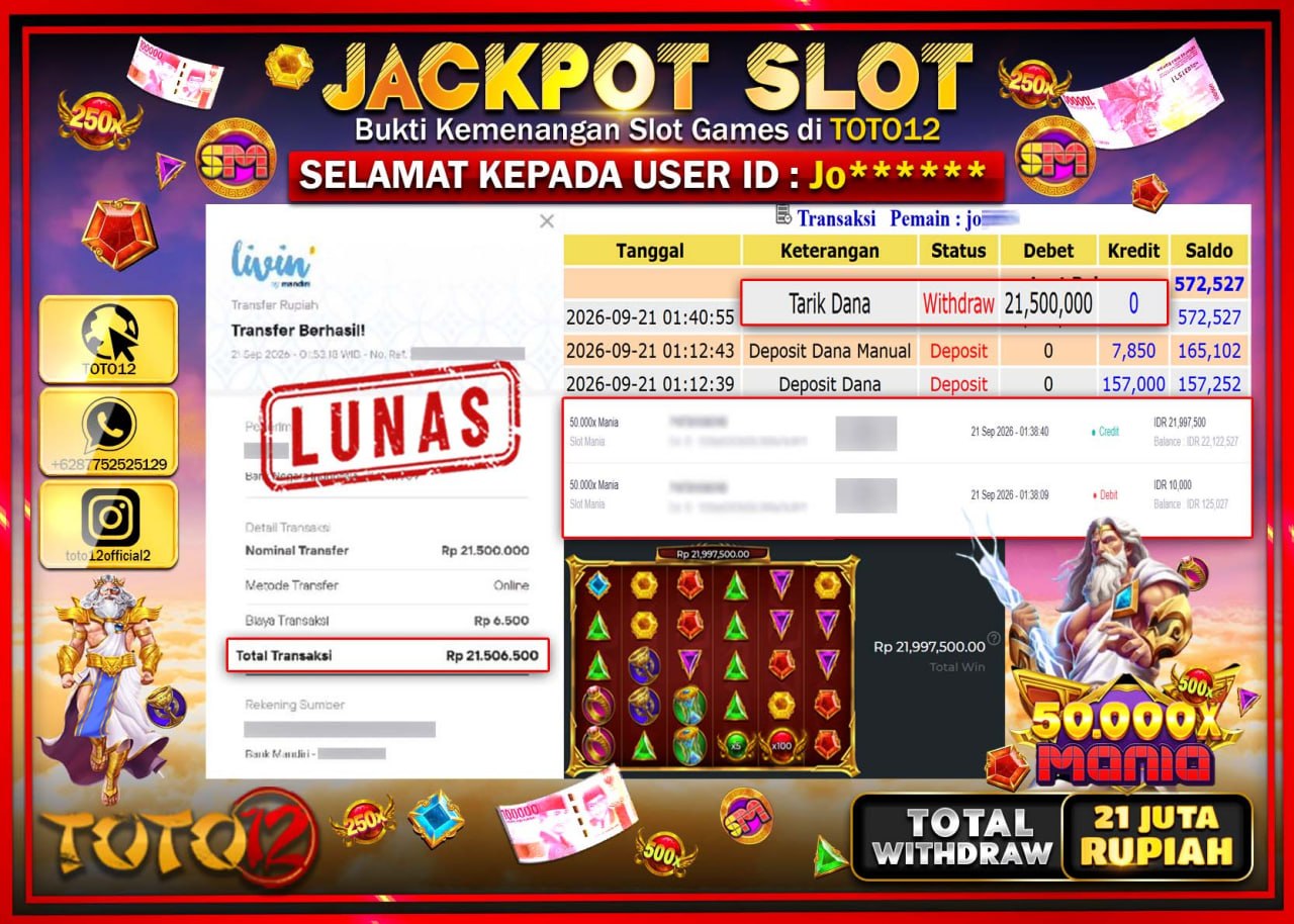 HANYA DI TOTO12 JP PASTI DI BAYAR LUNAS DAN CEPAT!!!!!! JACKPOT SLOT GAME (50.000 X MANIA) Rp21.500.000!!!!