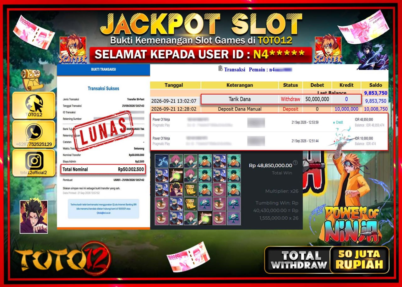HANYA DI TOTO12 JP PASTI DI BAYAR LUNAS DAN CEPAT!!!!!! JACKPOT SLOT GAME (POWER OF NINJA) Rp50.000.000!!!!