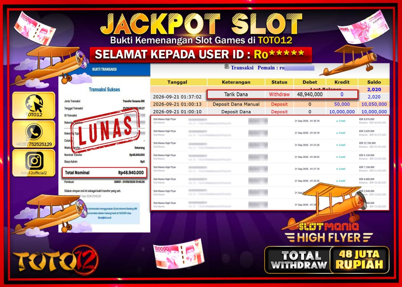 HANYA DI TOTO12 JP PASTI DI BAYAR LUNAS DAN CEPAT!!!!!! JACKPOT SLOT GAME (SLOT MANIA HIGH FLAYER) Rp48.940.000!!!!