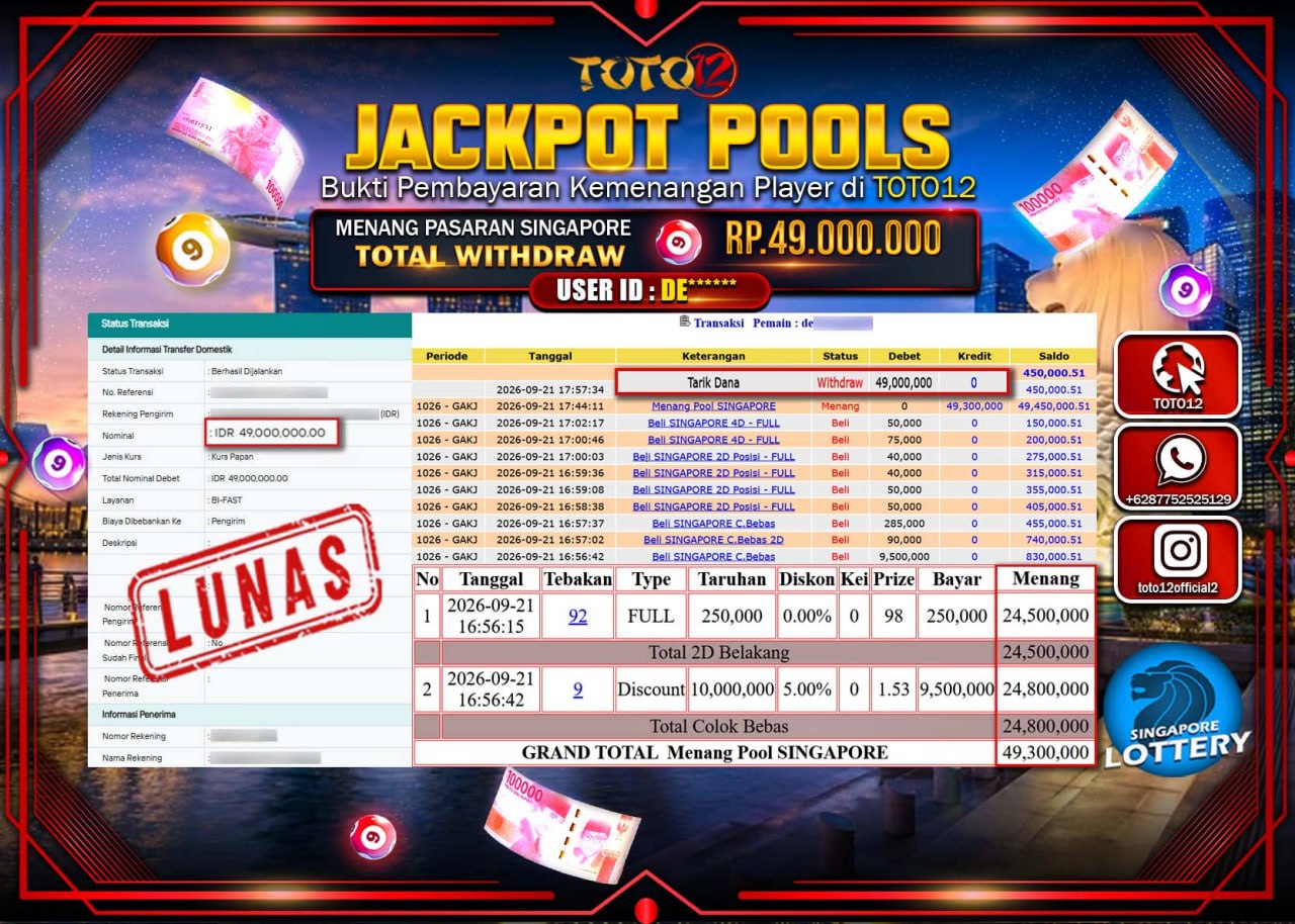HANYA DI TOTO12 JP PASTI DI BAYAR LUNAS DAN CEPAT!!!!!! JACKPOT POOLS PASARAN (SINGAPORE) Rp49.000.000!!!!