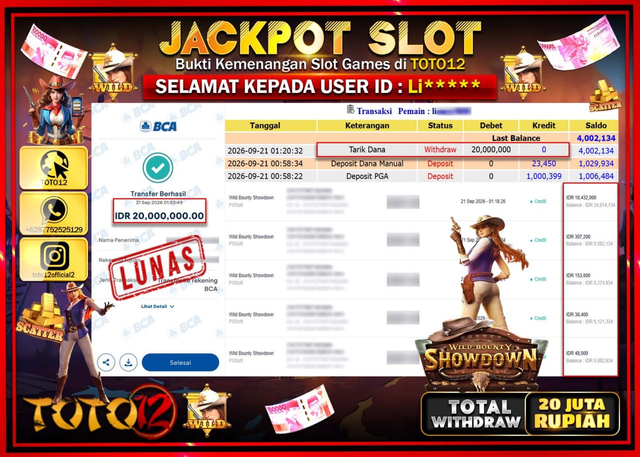 HANYA DI TOTO12 JP PASTI DI BAYAR LUNAS DAN CEPAT!!!!!! JACKPOT SLOT GAME (WILD BOUNTY SHOWDOWN) Rp20.000.000!!!!