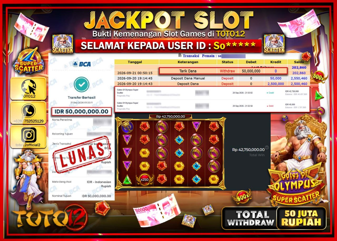 HANYA DI TOTO12 JP PASTI DI BAYAR LUNAS DAN CEPAT!!!!!! JACKPOT SLOT GAME (GATES OF OLYMPUS SUPER SCATTER) Rp50.000.000!!!!