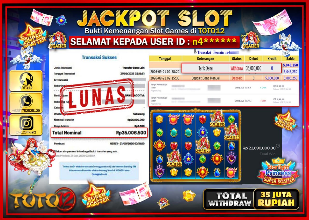 HANYA DI TOTO12 JP PASTI DI BAYAR LUNAS DAN CEPAT!!!!!! JACKPOT SLOT GAME (STARLIGHT PRINCESS SUPER SCATTER) Rp35.000.000!!!!