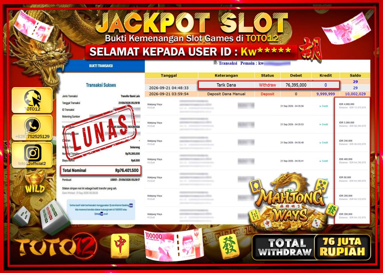 HANYA DI TOTO12 JP PASTI DI BAYAR LUNAS DAN CEPAT!!!!!! JACKPOT SLOT GAME (MAHJONG WAYS) Rp76.395.000!!!!