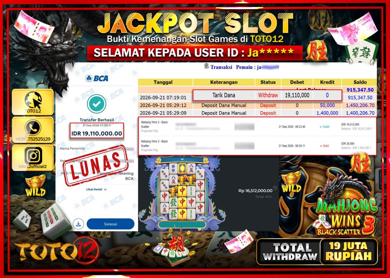 HANYA DI TOTO12 JP PASTI DI BAYAR LUNAS DAN CEPAT!!!!!! JACKPOT SLOT GAME (MAHJONG WINS 3 BLACK SCATTER) Rp19.110.000!!!!