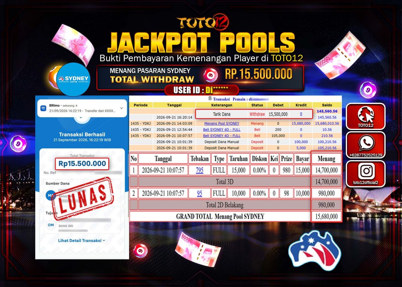 HANYA DI TOTO12 JP PASTI DI BAYAR LUNAS DAN CEPAT!!!!!! JACKPOT POOLS PASARAN (SYDNEY) Rp15.500.000!!!!