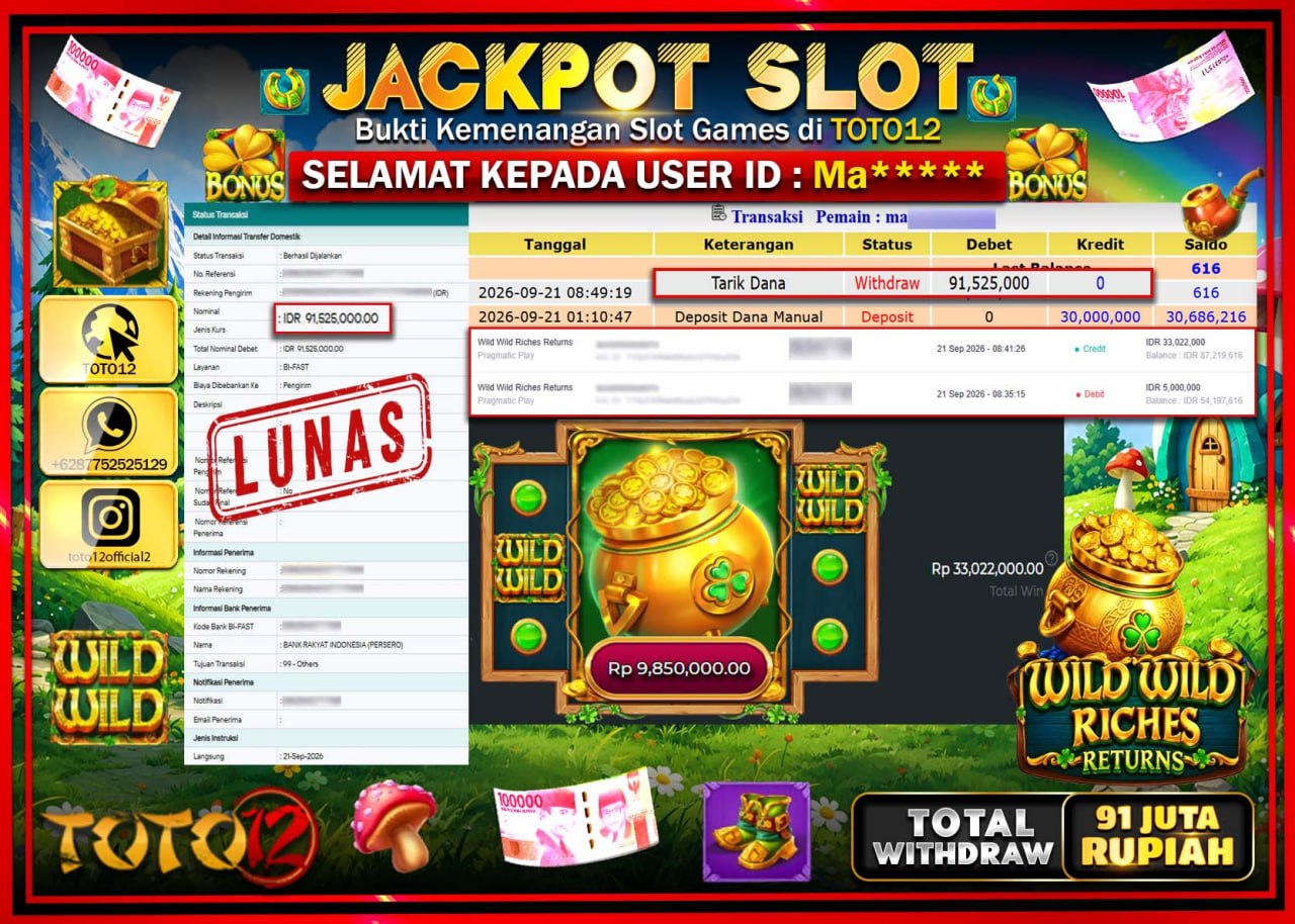 HANYA DI TOTO12 JP PASTI DI BAYAR LUNAS DAN CEPAT!!!!!! JACKPOT SLOT GAME (WILD WILD RICHES RETURNS) Rp91.525.000!!!!