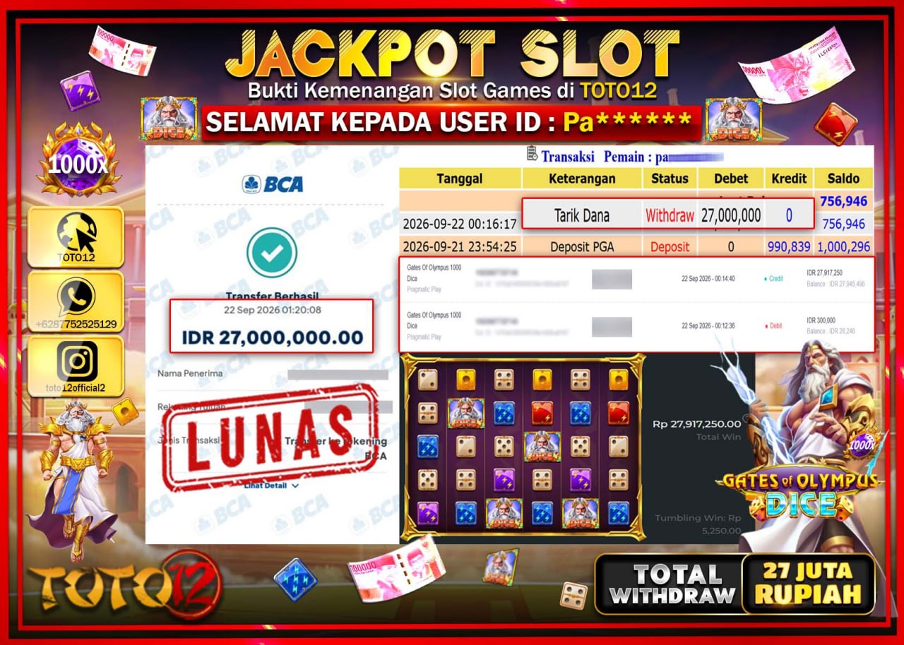 HANYA DI TOTO12 JP PASTI DI BAYAR LUNAS DAN CEPAT!!!!!! JACKPOT SLOT GAME (GATES OF OLYMPUS DICE) Rp27.000.000!!!!