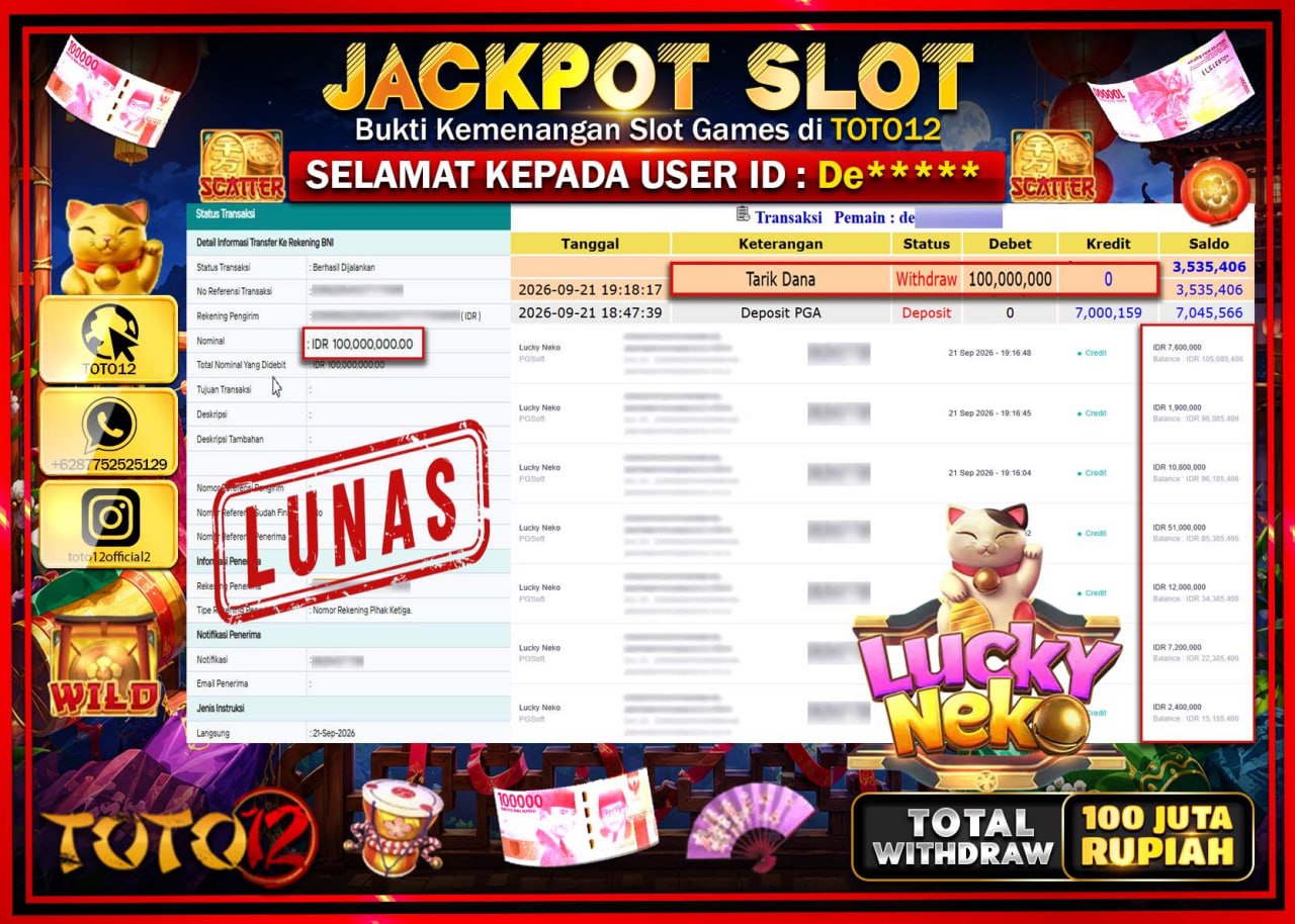 HANYA DI TOTO12 JP PASTI DI BAYAR LUNAS DAN CEPAT!!!!!! JACKPOT SLOT GAME (LUCKY NEKO) Rp100.000.000!!!!