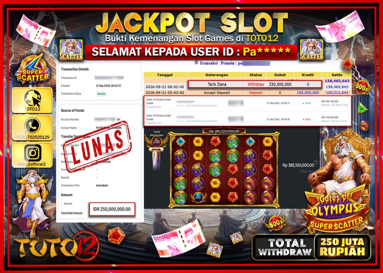 HANYA DI TOTO12 JP PASTI DI BAYAR LUNAS DAN CEPAT!!!!!! JACKPOT SLOT GAME (GATES OF OLYMPUS SUPER SCATTER) Rp250.000.000!!!!