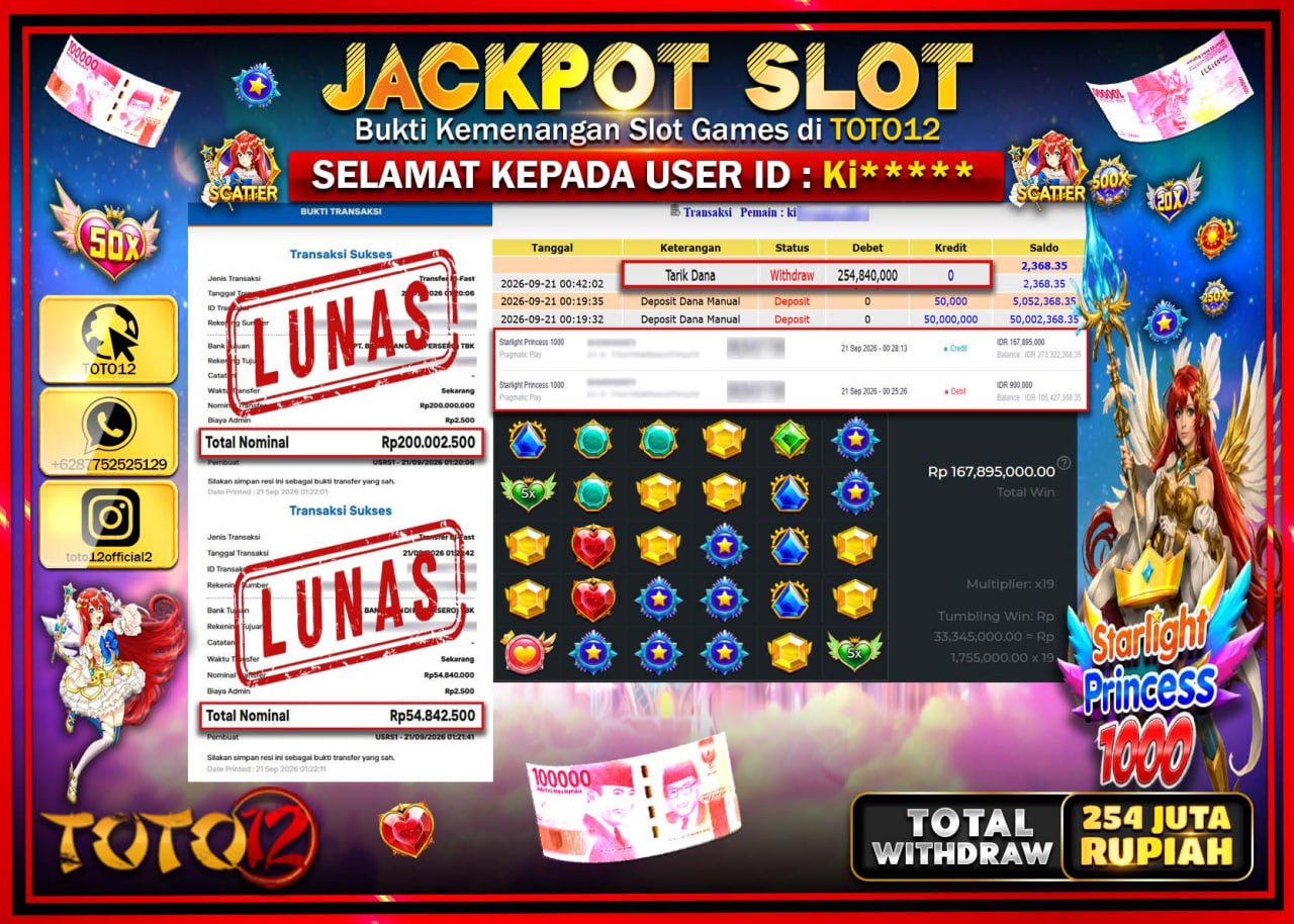 HANYA DI TOTO12 JP PASTI DI BAYAR LUNAS DAN CEPAT!!!!!! JACKPOT SLOT GAME (STARLIGHT PRINCESS 1000) Rp254.840.000!!!!