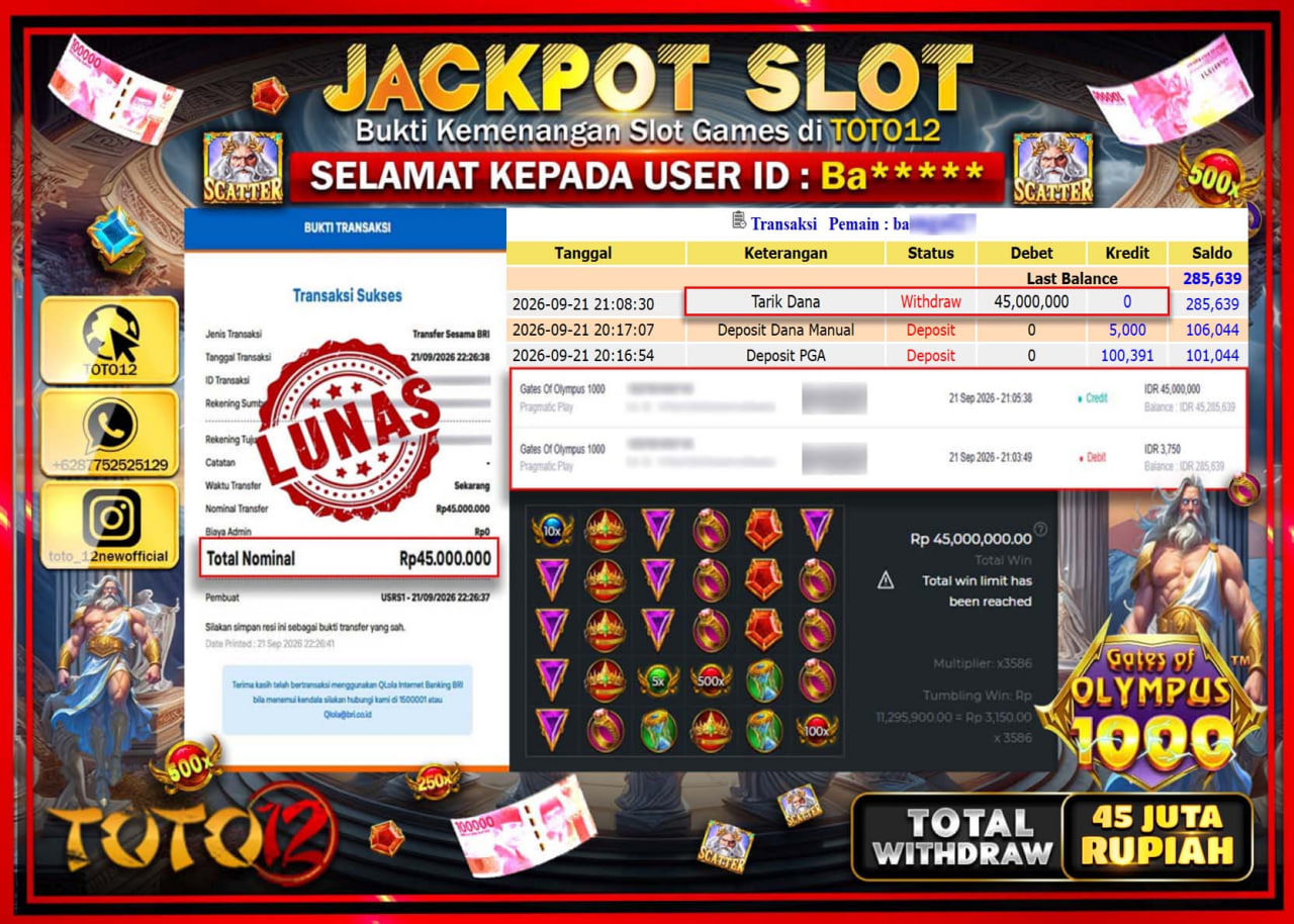 HANYA DI TOTO12 JP PASTI DI BAYAR LUNAS DAN CEPAT!!!!!! JACKPOT SLOT GAME (GATES OF OLYMPUS 1000) Rp45.000.000!!!!