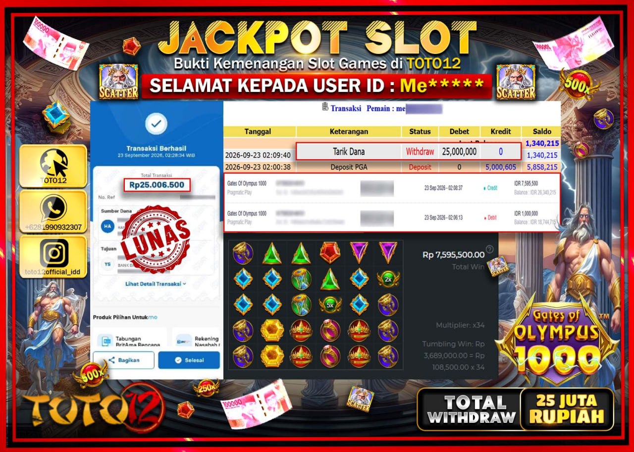 HANYA DI TOTO12 JP PASTI DI BAYAR LUNAS DAN CEPAT!!!!!! JACKPOT SLOT GAME (GATES OF OLYMPUS 1000) Rp25.000.000!!!!