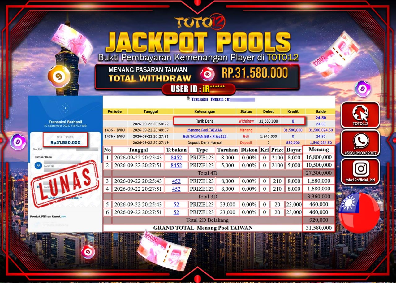 HANYA DI TOTO12 JP PASTI DI BAYAR LUNAS DAN CEPAT!!!!!! JACKPOT POOLS PASARAN (TAIWAN) Rp31.580.000!!!!