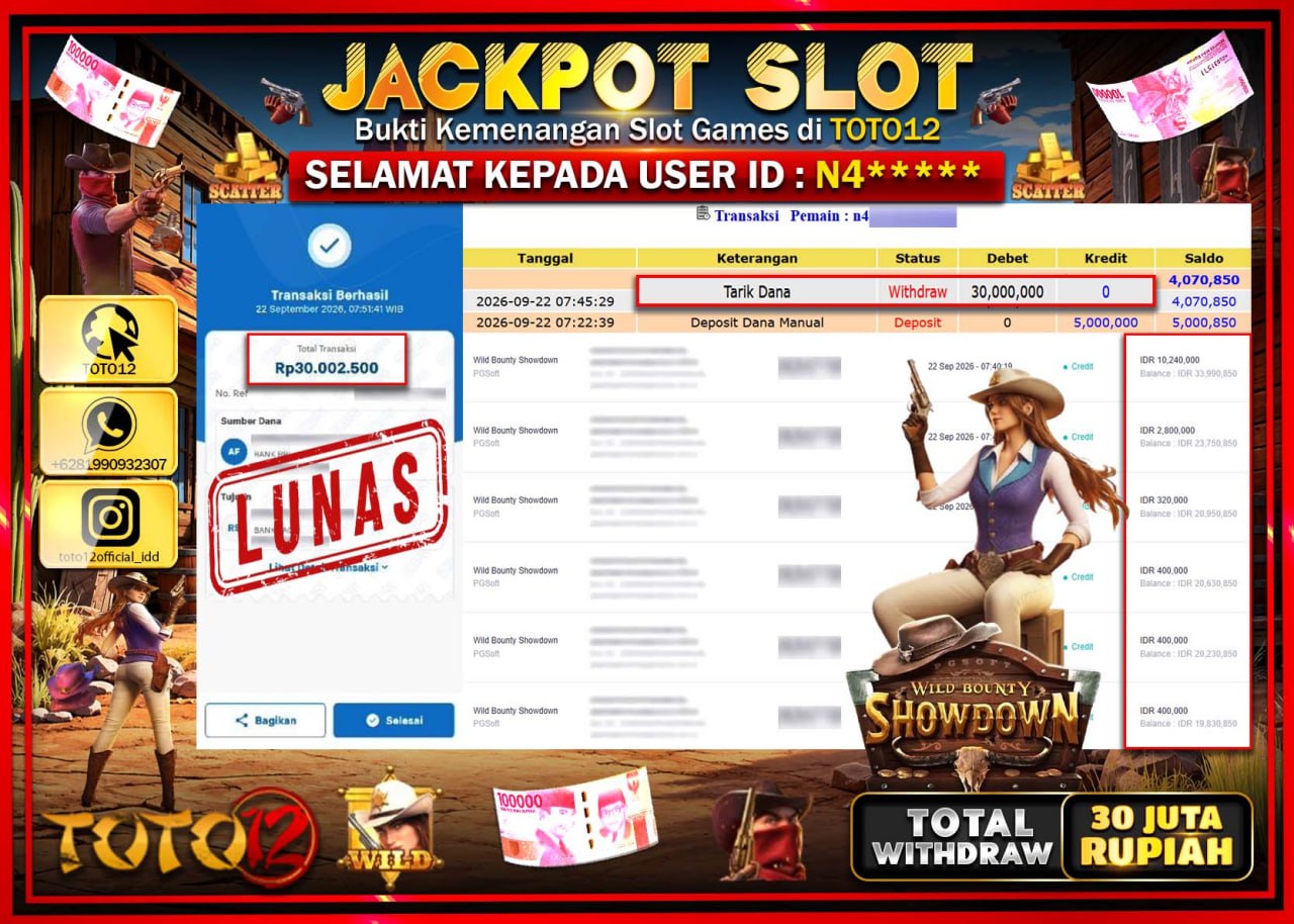 HANYA DI TOTO12 JP PASTI DI BAYAR LUNAS DAN CEPAT!!!!!! JACKPOT SLOT GAME (WILD BOUNTY SHOWDOWN) Rp30.000.000!!!!