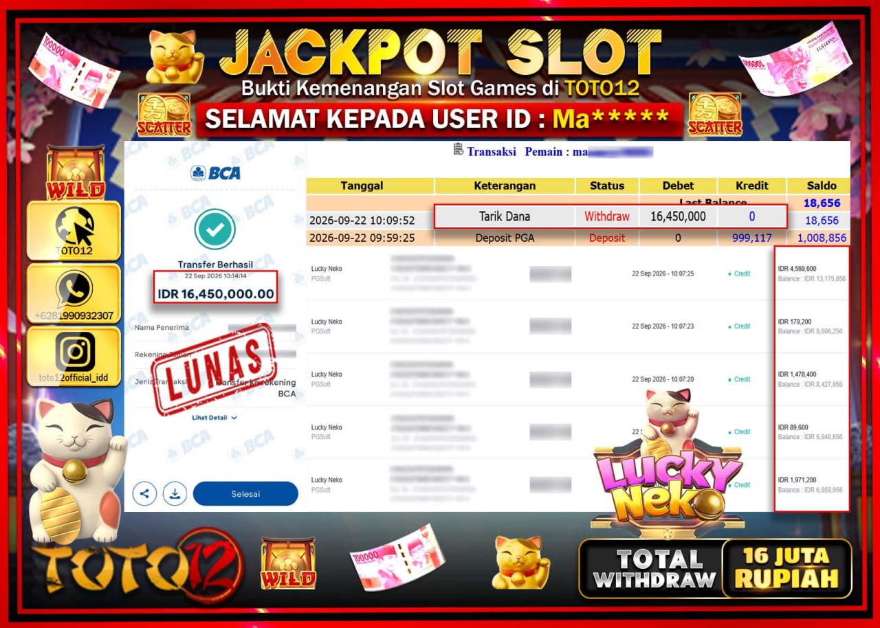 LUCKY NEKOHANYA DI TOTO12 JP PASTI DI BAYAR LUNAS DAN CEPAT!!!!!! JACKPOT SLOT GAME (LUCKY NEKO) Rp16.450.000!!!!