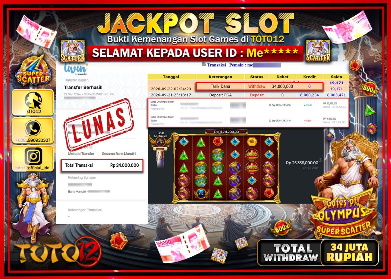 HANYA DI TOTO12 JP PASTI DI BAYAR LUNAS DAN CEPAT!!!!!! JACKPOT SLOT GAME (GATES OF OLYMPUS SUPER SCATTER) Rp34.000.000!!!!