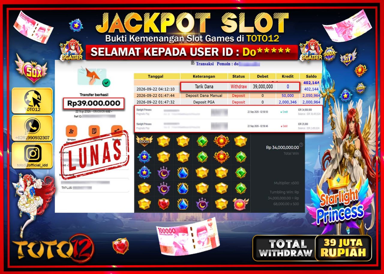 HANYA DI TOTO12 JP PASTI DI BAYAR LUNAS DAN CEPAT!!!!!! JACKPOT SLOT GAME (STARLIGHT PRRINCESS) Rp39.000.000!!!!