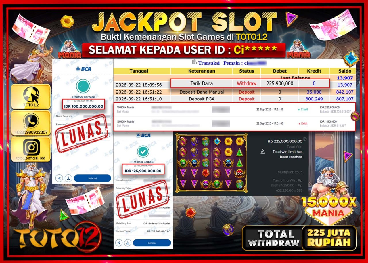 HANYA DI TOTO12 JP PASTI DI BAYAR LUNAS DAN CEPAT!!!!!! JACKPOT SLOT GAME (15.000 X MANIA) Rp225.900.000!!!!