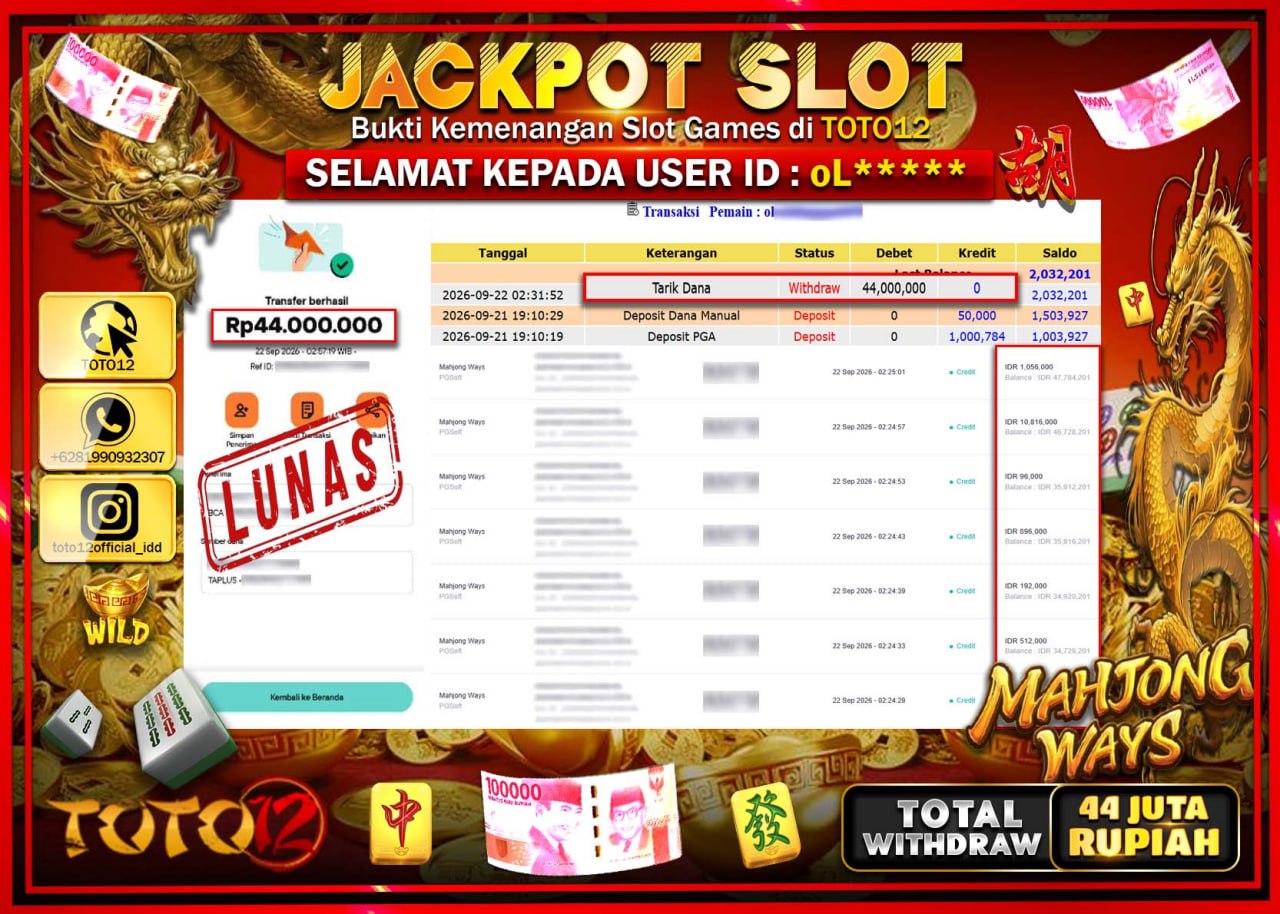 HANYA DI TOTO12 JP PASTI DI BAYAR LUNAS DAN CEPAT!!!!!! JACKPOT SLOT GAME (MAHJONG WAYS) Rp44.000.000!!!!