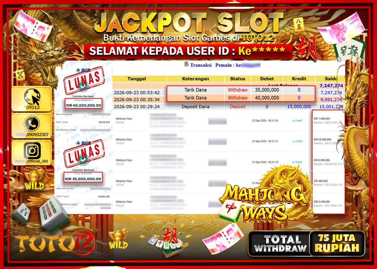 HANYA DI TOTO12 JP PASTI DI BAYAR LUNAS DAN CEPAT!!!!!! JACKPOT SLOT GAME (MAHJONG WAYS) Rp75.000.000!!!!