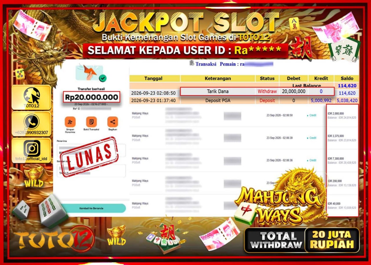 HANYA DI TOTO12 JP PASTI DI BAYAR LUNAS DAN CEPAT!!!!!! JACKPOT SLOT GAME (MAHJONG WAYS) Rp20.000.000!!!!