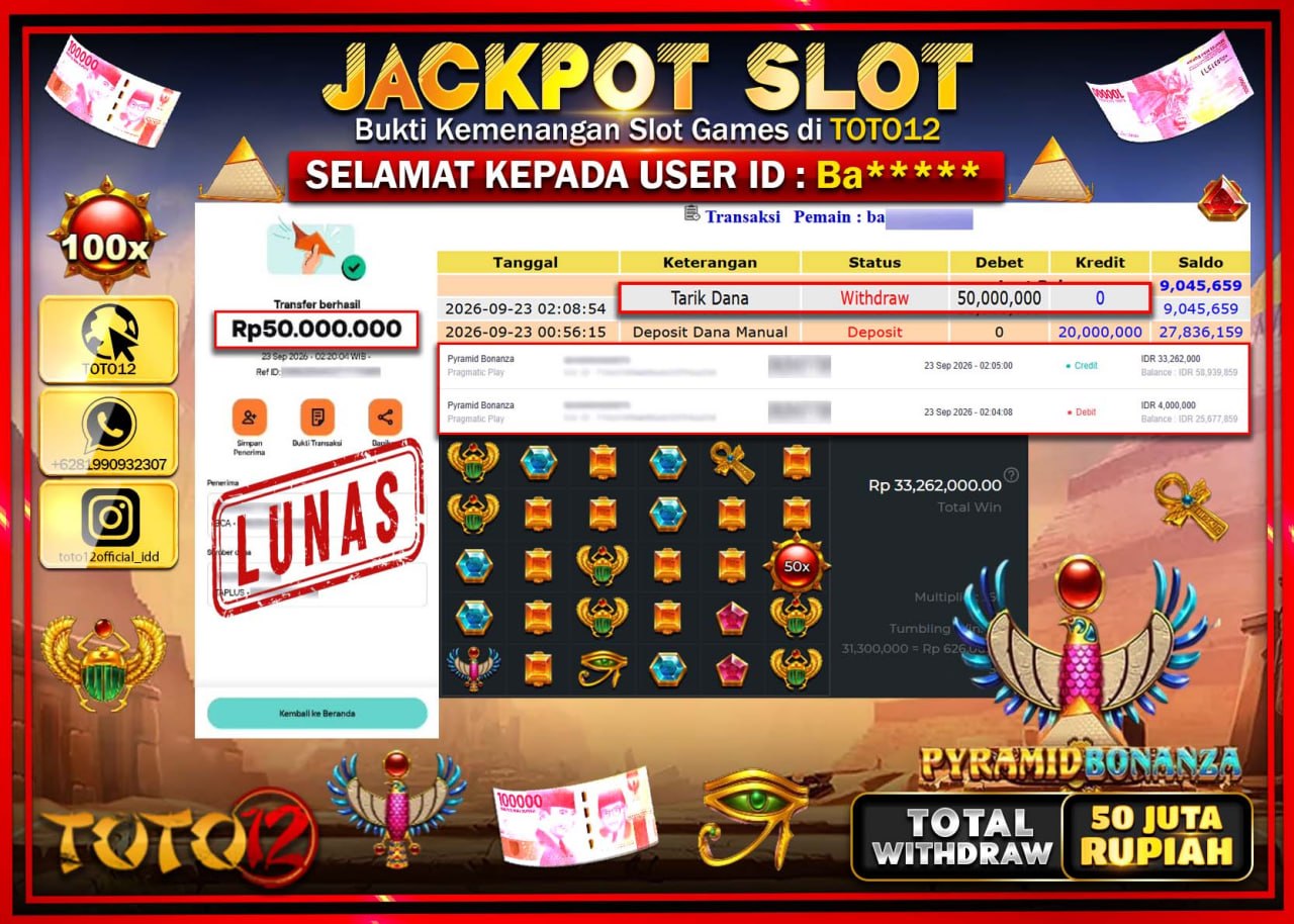 HANYA DI TOTO12 JP PASTI DI BAYAR LUNAS DAN CEPAT!!!!!! JACKPOT SLOT GAME (PYRAMID BONAZZA) Rp50.000.000!!!!