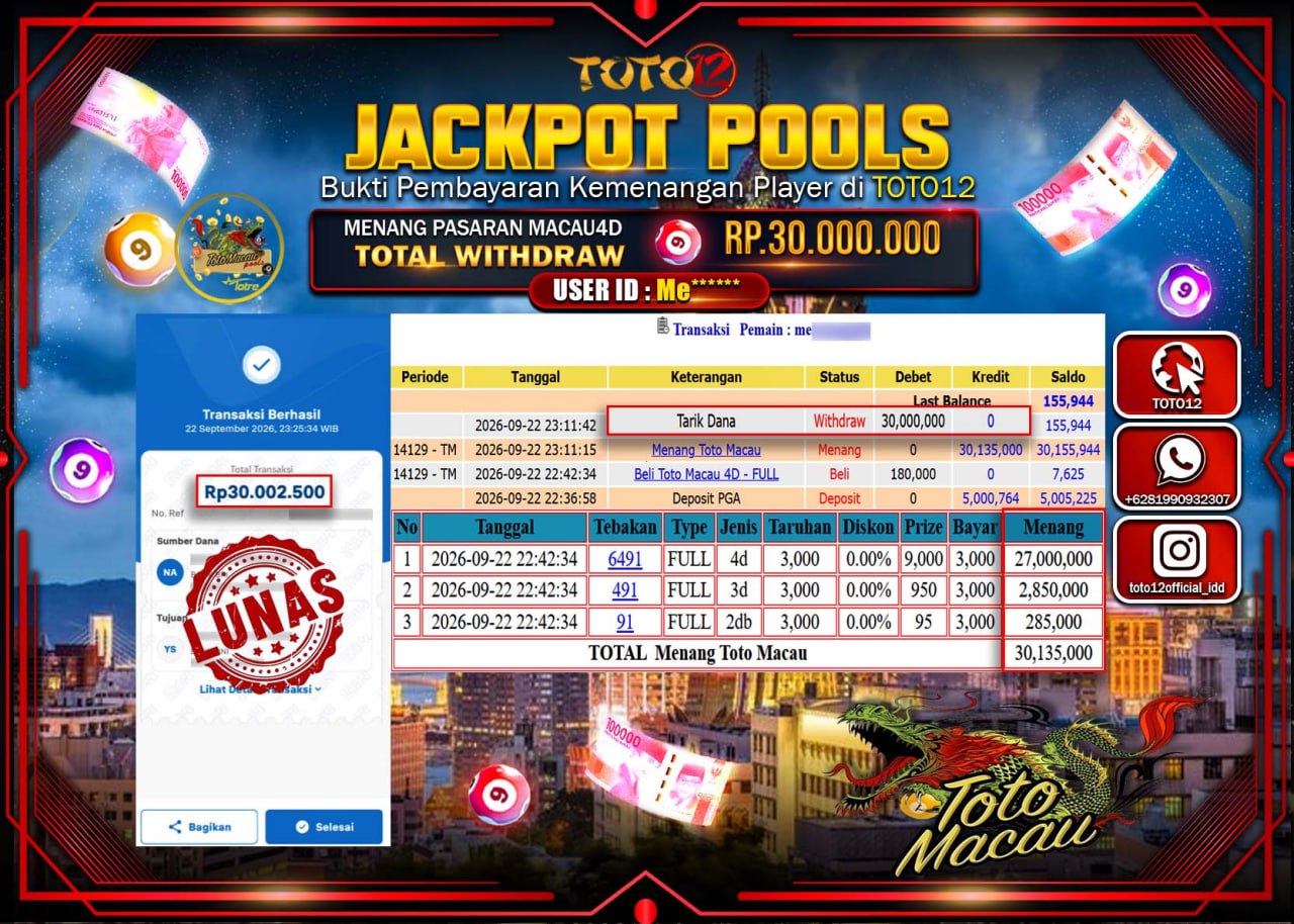 HANYA DI TOTO12 JP PASTI DI BAYAR LUNAS DAN CEPAT!!!!!! JACKPOT POOLS PASARAN (MACAU 4D) Rp30.000.000!!!!