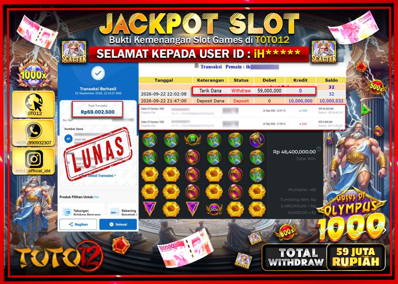 HANYA DI TOTO12 JP PASTI DI BAYAR LUNAS DAN CEPAT!!!!!! JACKPOT SLOT GAME (GATES OF OLYMPUS 1000) Rp59.000.000!!!!