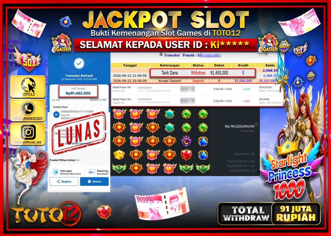 HANYA DI TOTO12 JP PASTI DI BAYAR LUNAS DAN CEPAT!!!!!! JACKPOT SLOT GAME (STARLIGHT PRINCESS 1000) Rp91.450.000!!!!