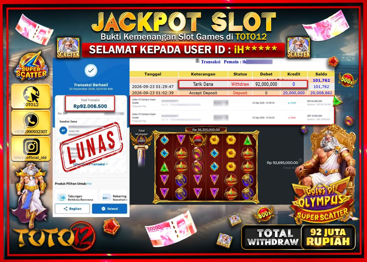 HANYA DI TOTO12 JP PASTI DI BAYAR LUNAS DAN CEPAT!!!!!! JACKPOT SLOT GAME (GATES OF OLYMPUS SUPER SCATTER) Rp92.000.000!!!!