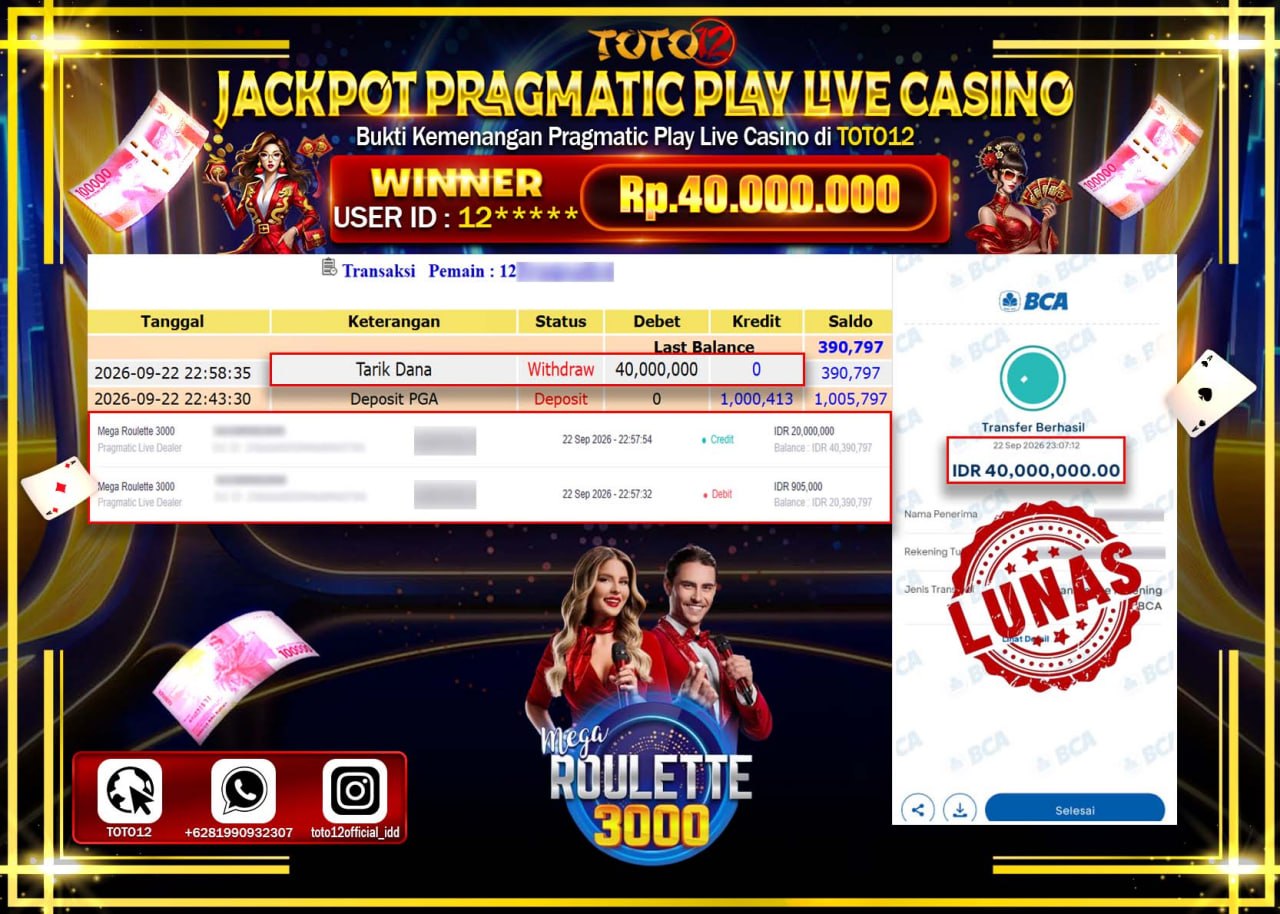 HANYA DI TOTO12 JP PASTI DI BAYAR LUNAS DAN CEPAT!!!!!! JACKPOT PRAGMATIC PLAY LIVE GAME CASINO (MEGA ROULETTE 3000) Rp40.000.000!!!!
