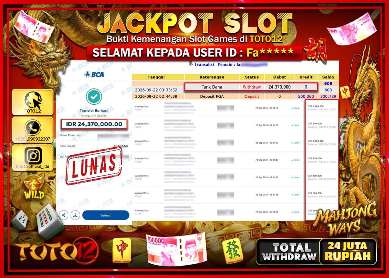HANYA DI TOTO12 JP PASTI DI BAYAR LUNAS DAN CEPAT!!!!!! JACKPOT SLOT GAME (MAHJONG WAYS) Rp24.370.000!!!!