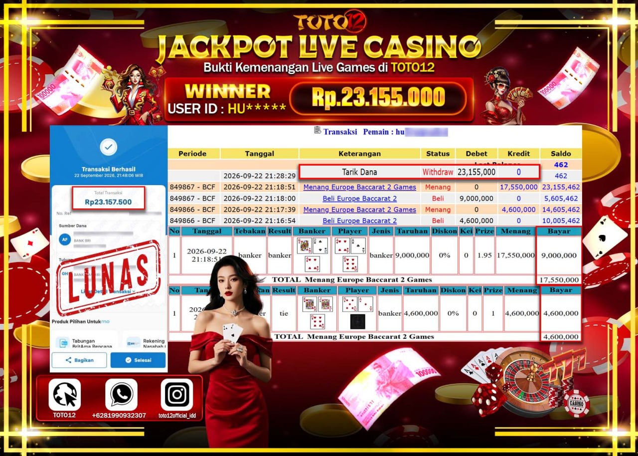 HANYA DI TOTO12 JP PASTI DI BAYAR LUNAS DAN CEPAT!!!!!! JACKPOT  LIVE GAME CASINO (EUROPE BACCARAT 2)Rp23.155.000!!!!