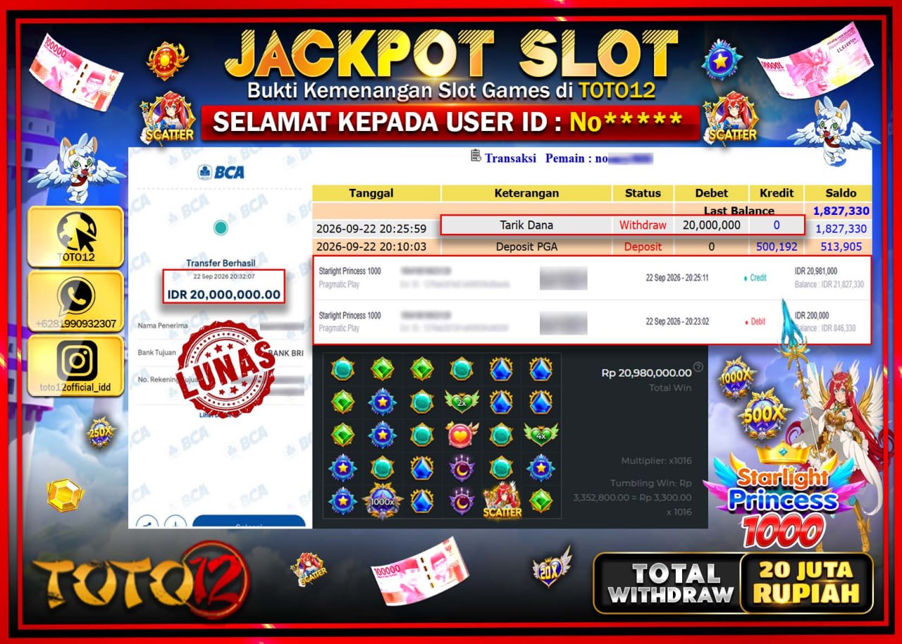 HANYA DI TOTO12 JP PASTI DI BAYAR LUNAS DAN CEPAT!!!!!! JACKPOT SLOT GAME (STARLIGHT PRINCESS 1000) Rp20.000.000!!!!