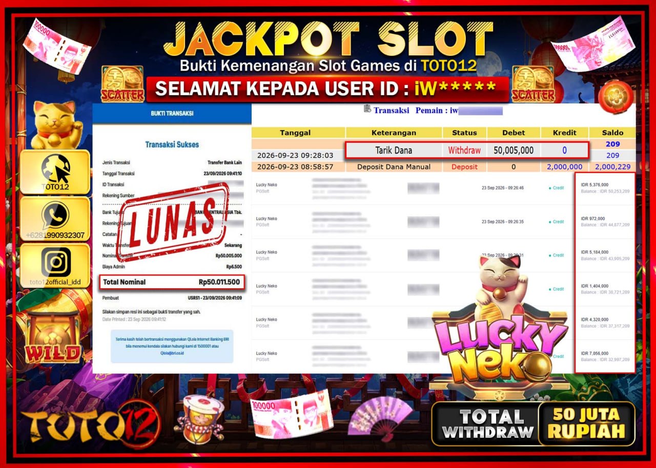 HANYA DI TOTO12 JP PASTI DI BAYAR LUNAS DAN CEPAT!!!!!! JACKPOT SLOT GAME (LUCKY NEKO) Rp50.005.000!!!!