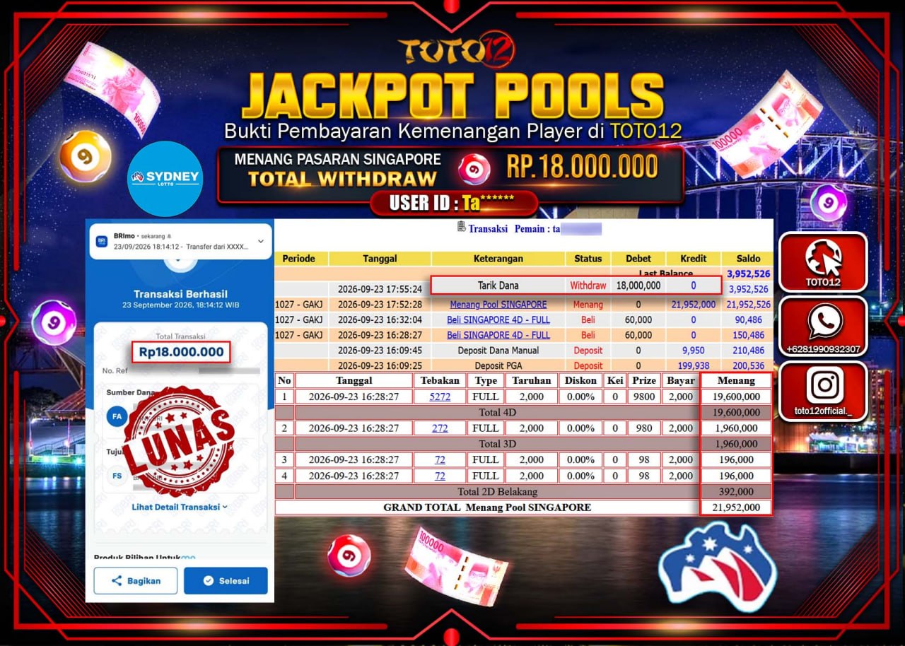 HANYA DI TOTO12 JP PASTI DI BAYAR LUNAS DAN CEPAT!!!!!! JACKPOT POOLS PASARAN (SINGAPORE) Rp18.000.000!!!!