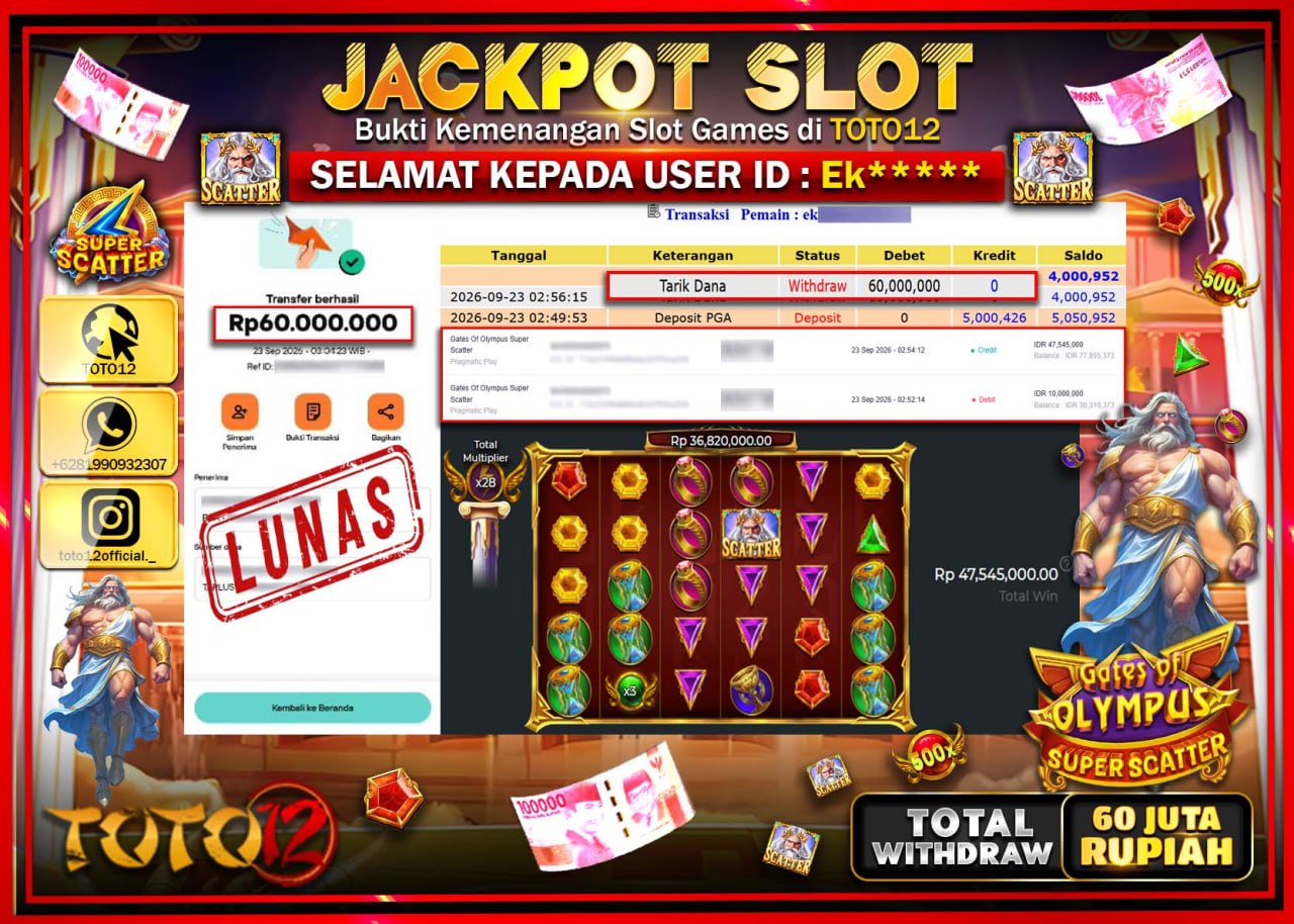 HANYA DI TOTO12 JP PASTI DI BAYAR LUNAS DAN CEPAT!!!!!! JACKPOT SLOT GAME (GATES OF OLYMPUS SUPER SCATTER) Rp60.000.000!!!!