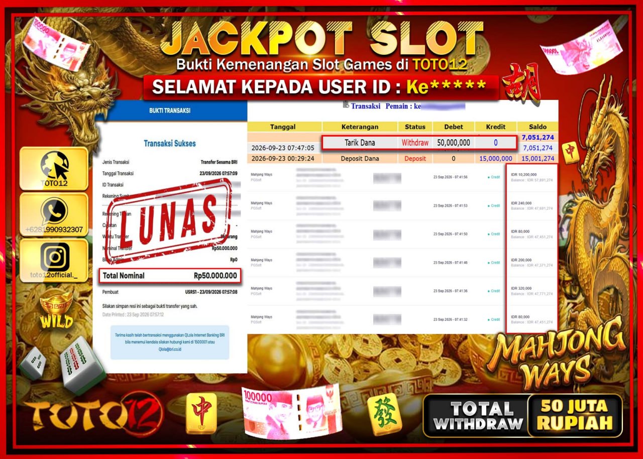 HANYA DI TOTO12 JP PASTI DI BAYAR LUNAS DAN CEPAT!!!!!! JACKPOT SLOT GAME (MAHJONG WAYS) Rp50.000.000!!!!