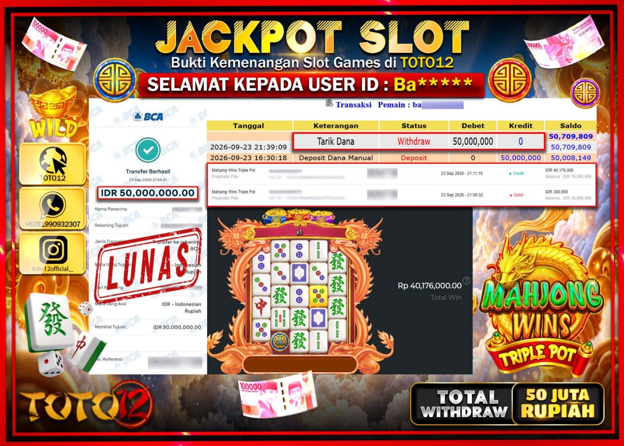 HANYA DI TOTO12 JP PASTI DI BAYAR LUNAS DAN CEPAT!!!!!! JACKPOT SLOT GAME (MAHJONG WINS TRIPLE POT) Rp50.000.000!!!!