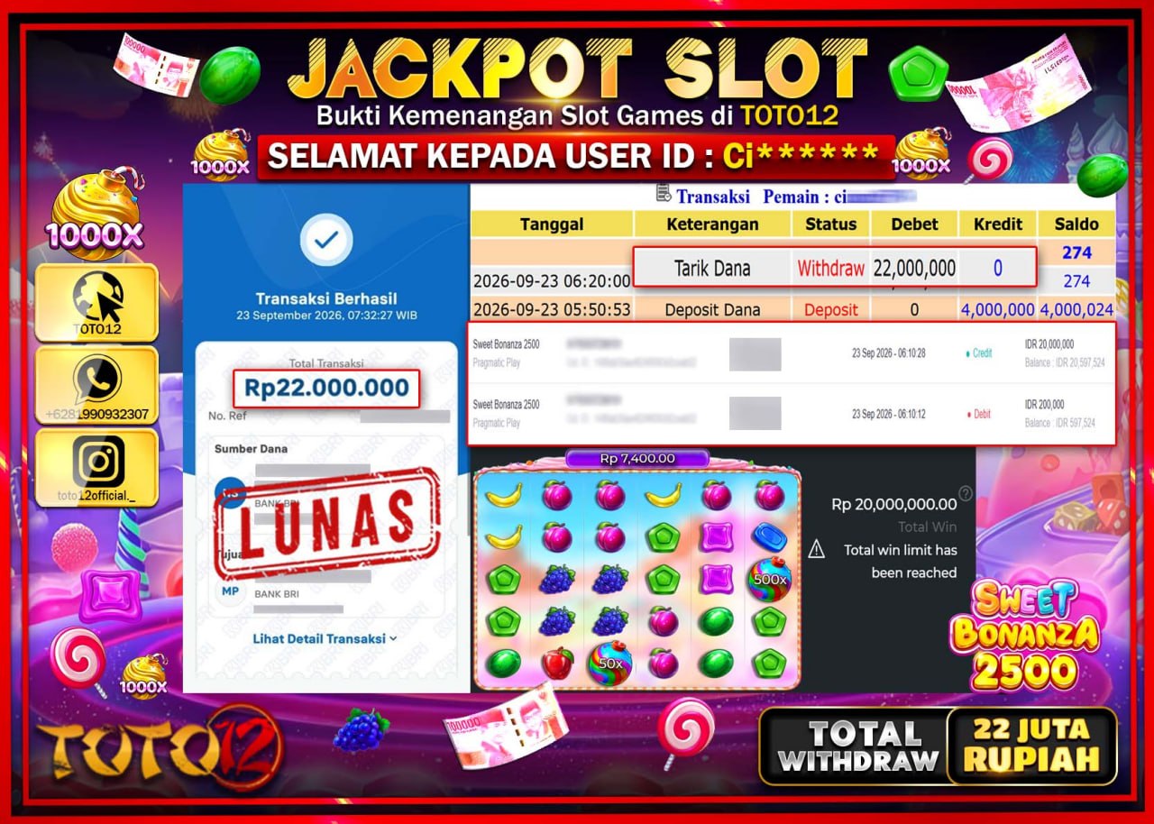 HANYA DI TOTO12 JP PASTI DI BAYAR LUNAS DAN CEPAT!!!!!! JACKPOT SLOT GAME (SWEET BONAZA 2500) Rp22.000.000!!!!