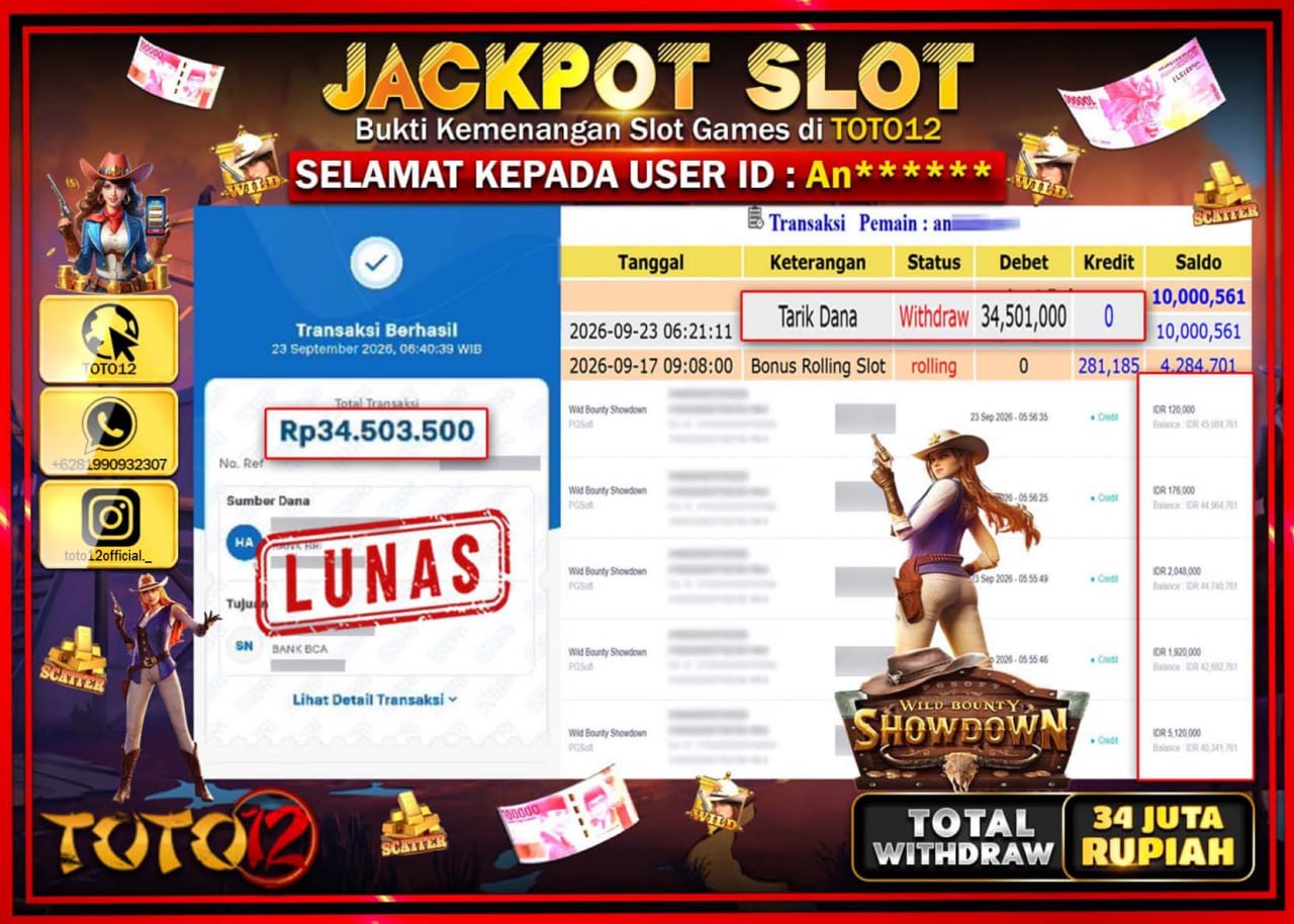 HANYA DI TOTO12 JP PASTI DI BAYAR LUNAS DAN CEPAT!!!!!! JACKPOT SLOT GAME (WILD BOUNTY SHOWDONW) Rp34.501.000!!!!