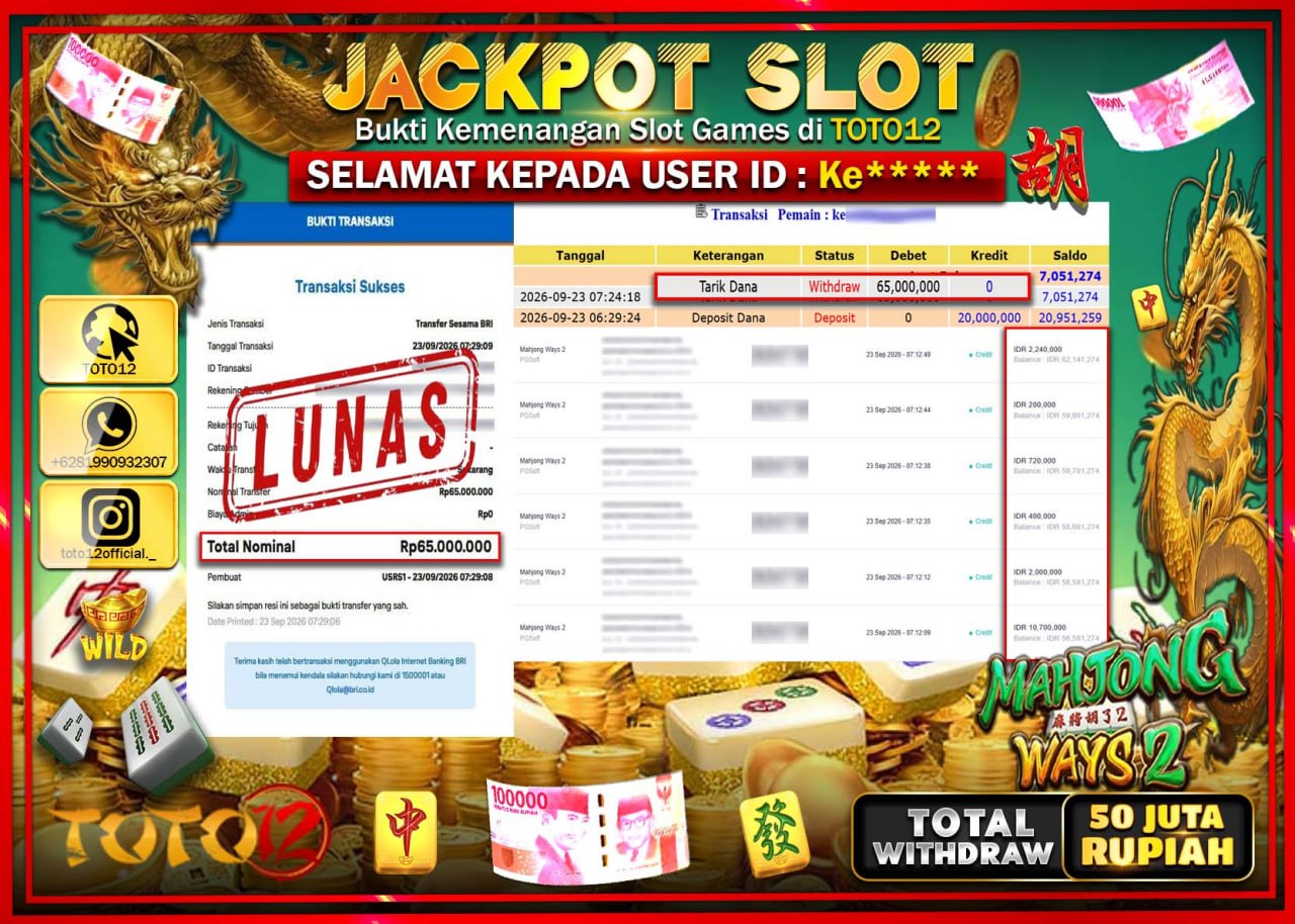 HANYA DI TOTO12 JP PASTI DI BAYAR LUNAS DAN CEPAT!!!!!! JACKPOT SLOT GAME (MAHJONG WAYS 2) Rp65.000.000!!!!