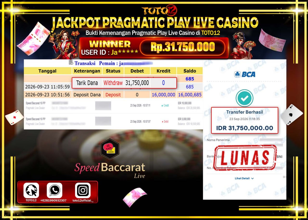 HANYA DI TOTO12 JP PASTI DI BAYAR LUNAS DAN CEPAT!!!!!! JACKPOT PRAGMATIC PLAY LIVE GAME CASINO (SPEED BACCARAT 10 PP) Rp31.750.000!!!!