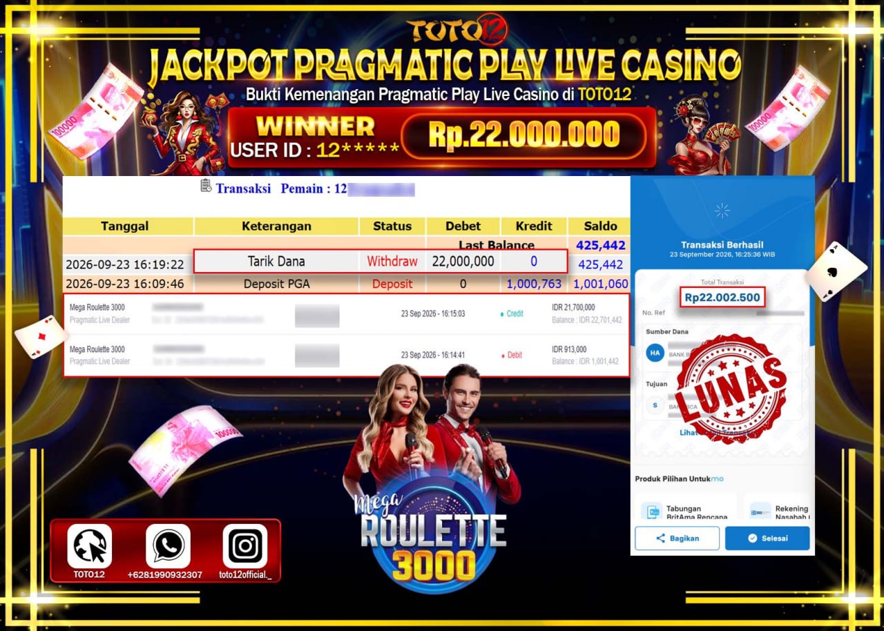 HANYA DI TOTO12 JP PASTI DI BAYAR LUNAS DAN CEPAT!!!!!! JACKPOT PRAGMATIC PLAY LIVE GAME CASINO (MEGA ROULETTE 3000) Rp22.000.000!!!!