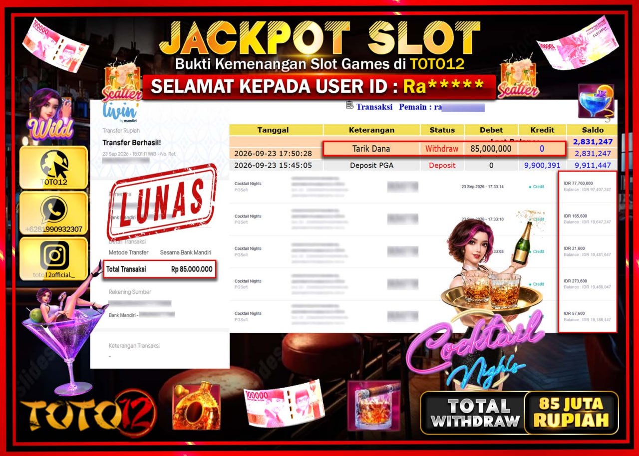HANYA DI TOTO12 JP PASTI DI BAYAR LUNAS DAN CEPAT!!!!!! JACKPOT SLOT GAME (COCKTAIL NIGHTS) Rp85.000.000!!!!