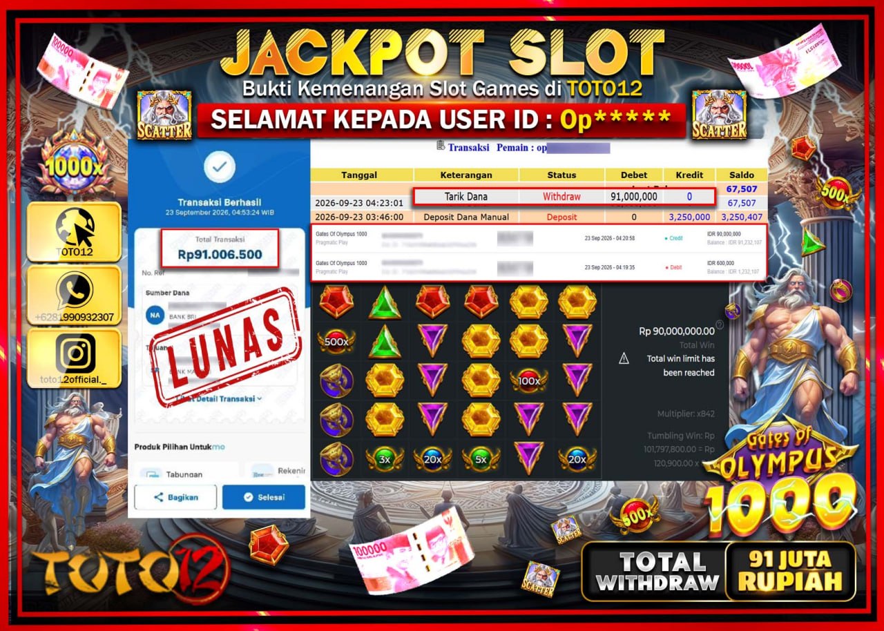 HANYA DI TOTO12 JP PASTI DI BAYAR LUNAS DAN CEPAT!!!!!! JACKPOT SLOT GAME (GATES OF OLYMPUS 1000) Rp91.000.000!!!!