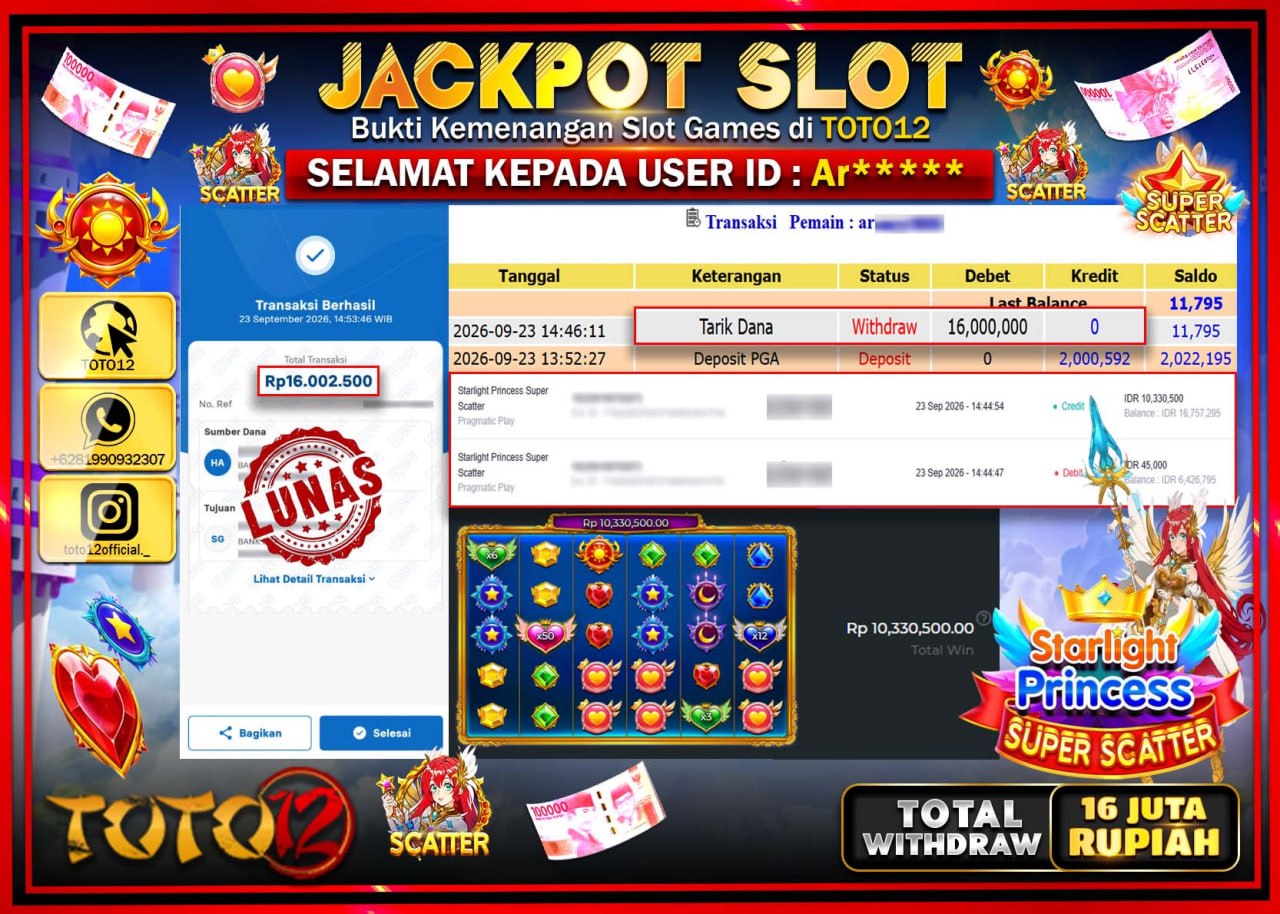 HANYA DI TOTO12 JP PASTI DI BAYAR LUNAS DAN CEPAT!!!!!! JACKPOT SLOT GAME (STARLIGHT PRINCESS SUPER SCATTER) Rp16.000.000!!!!
